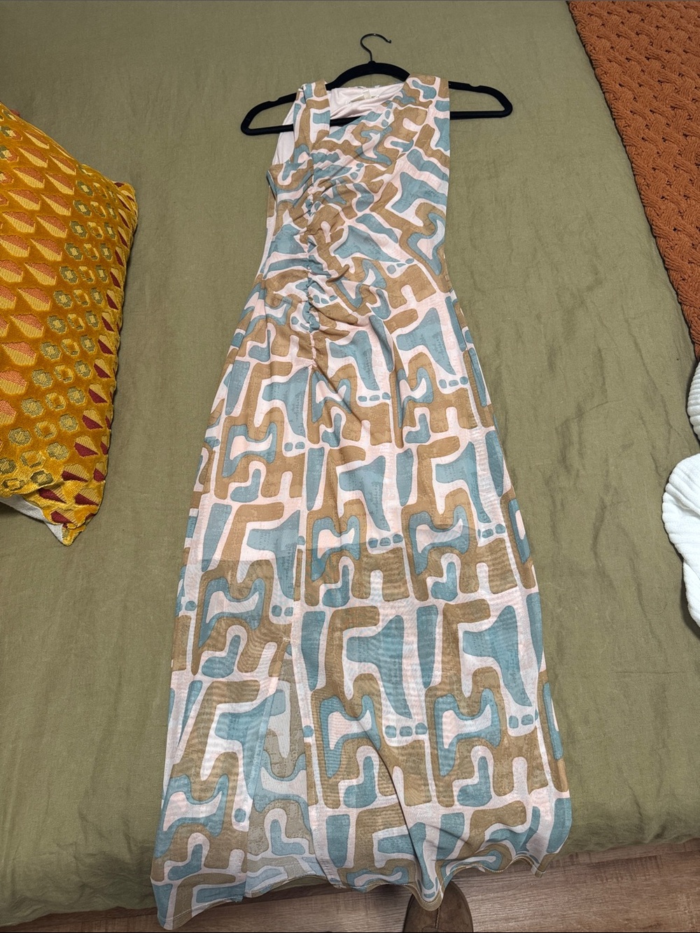 Anthropologie Abstract Print Ruched Maxi Dress Pink Tan Blue XXS